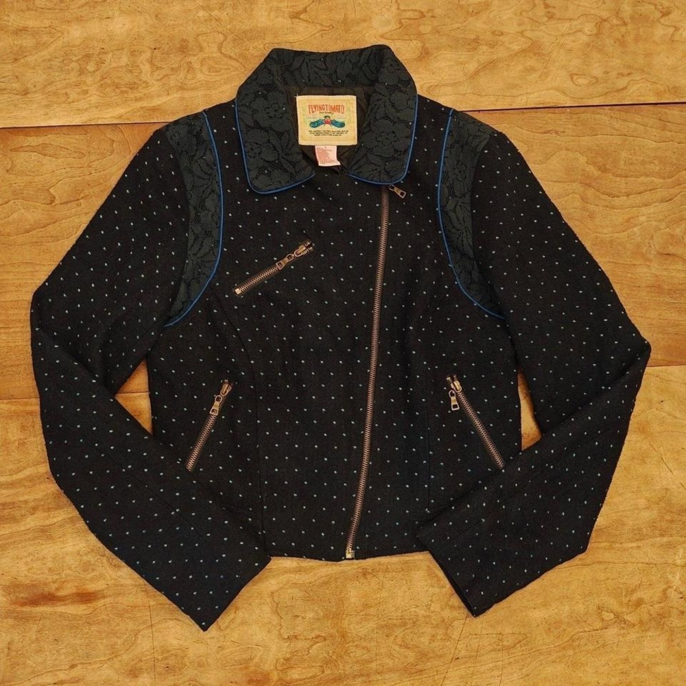 Flying Tomato Crop Wool and Lace Moto Jacket size Large